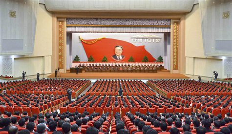 Attendees applaud during a central report meeting to celebrate the 101st birth anniversary of North Korean founder Kim Il-Sung, at the April Attendees applaud during a central report meeting to celebrate the 101st birth anniversary of North Korean founder Kim Il-Sung, at the April