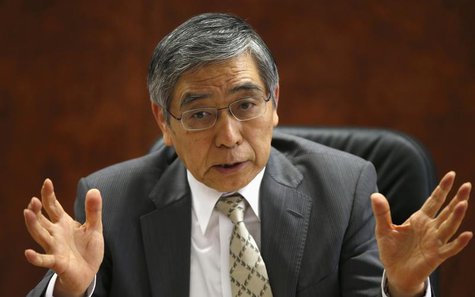 Bank of Japan Governor Haruhiko Kuroda speaks during a group interview at the BOJ headquarters in Tokyo April 10, 2013. REUTERS/Toru Hanai Bank of Japan Governor Haruhiko Kuroda speaks during a group interview at the BOJ headquarters in Tokyo April 10, 2013. REUTERS/Toru Hanai