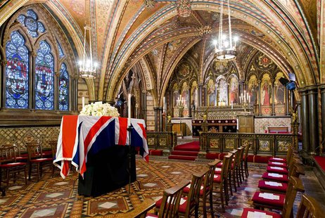 The coffin of former British prime minister Margaret Thatcher rests in the Crypt Chapel of St Mary Undercroft, at the Palace of Westminster The coffin of former British prime minister Margaret Thatcher rests in the Crypt Chapel of St Mary Undercroft, at the Palace of Westminster