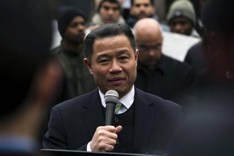 New York City Comptroller and mayoral candidate John Liu speaks in support of a demonstration against the New York Police Department's "stop New York City Comptroller and mayoral candidate John Liu speaks in support of a demonstration against the New York Police Department's "stop