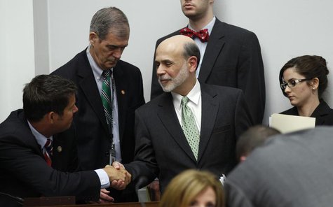 Federal Reserve Chairman Ben Bernanke shakes hands with Rep. Sean Duffy (R-WI) as he arrives to testify before the House Financial Services Federal Reserve Chairman Ben Bernanke shakes hands with Rep. Sean Duffy (R-WI) as he arrives to testify before the House Financial Services