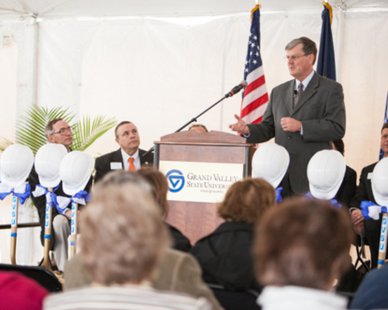 GVSU President Thomas Haas speaks during the ceremonial ground breaking of a new science building on the Allendale Campus on Apr. 15, 2013. (photo courtesy Grand Valley State University) GVSU President Thomas Haas speaks during the ceremonial ground breaking of a new science building on the Allendale Campus on Apr. 15, 2013. (photo courtesy Grand Valley State University)