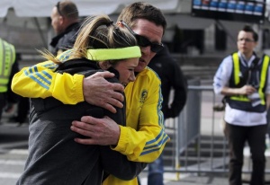Runners comfort each other after twin bombings at the end of the Boston Marathon. (Reuters) Runners comfort each other after twin bombings at the end of the Boston Marathon. (Reuters)