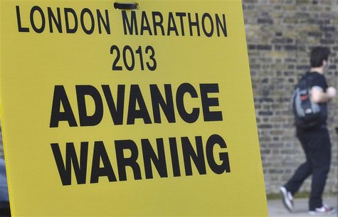 A road closure sign is seen placed along The Mall, the location for the London Marathon finish line, in central London April 16, 2013. REUTE A road closure sign is seen placed along The Mall, the location for the London Marathon finish line, in central London April 16, 2013. REUTE