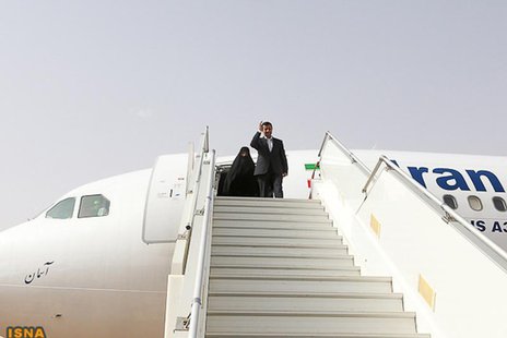 Iranian President Mahmoud Ahmadinejad waves as he arrives at Niamey airport April 15, 2013. REUTERS/Arash Khamooshi/ISNA/Handout Iranian President Mahmoud Ahmadinejad waves as he arrives at Niamey airport April 15, 2013. REUTERS/Arash Khamooshi/ISNA/Handout