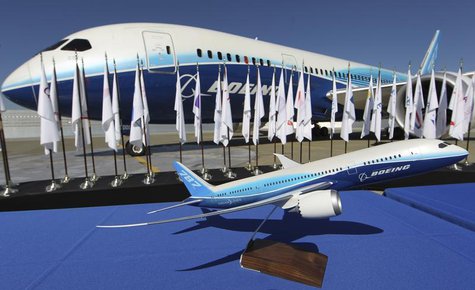 A scale model of the Boeing 787 Dreamliner sits on a table in front of an actual aircraft during the 787's certification event at Paine Fiel A scale model of the Boeing 787 Dreamliner sits on a table in front of an actual aircraft during the 787's certification event at Paine Fiel