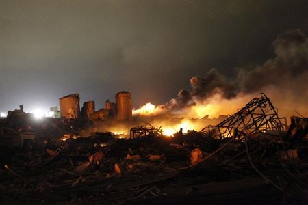 The remains of a fertilizer plant burn after an explosion at the plant in the town of West, near Waco, Texas early April 18, 2013.
REUTERS/Mike Stone The remains of a fertilizer plant burn after an explosion at the plant in the town of West, near Waco, Texas early April 18, 2013.
REUTERS/Mike Stone