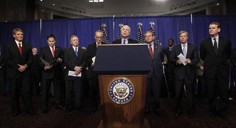 The U.S. Senate's "Gang on Eight" are pictured during a news briefing on Capitol Hill in Washington, April 18, 2013. REUTERS/Jason Reed The U.S. Senate's "Gang on Eight" are pictured during a news briefing on Capitol Hill in Washington, April 18, 2013. REUTERS/Jason Reed