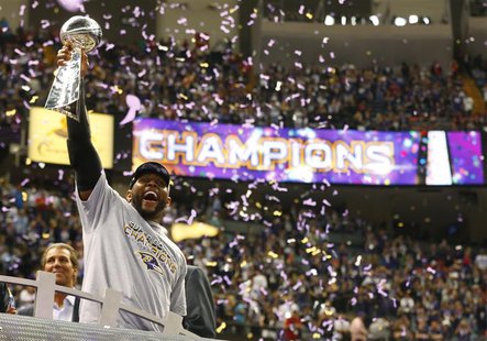 Baltimore Ravens inside linebacker Ray Lewis hoists the Vince Lombardi Trophy as he celebrates victory over the San Francisco 49ers in their Baltimore Ravens inside linebacker Ray Lewis hoists the Vince Lombardi Trophy as he celebrates victory over the San Francisco 49ers in their