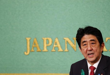 Japan's Prime Minister Shinzo Abe speaks during a news conference at the Japan National Press Club in Tokyo April 19, 2013. REUTERS/Yuya Shi Japan's Prime Minister Shinzo Abe speaks during a news conference at the Japan National Press Club in Tokyo April 19, 2013. REUTERS/Yuya Shi