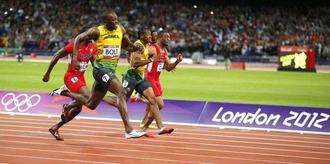 Jamaica's Usain Bolt, in lane 7, pulls ahead to win the men's 100m final during the London 2012 Olympic Games at the Olympic stadium in Lond Jamaica's Usain Bolt, in lane 7, pulls ahead to win the men's 100m final during the London 2012 Olympic Games at the Olympic stadium in Lond