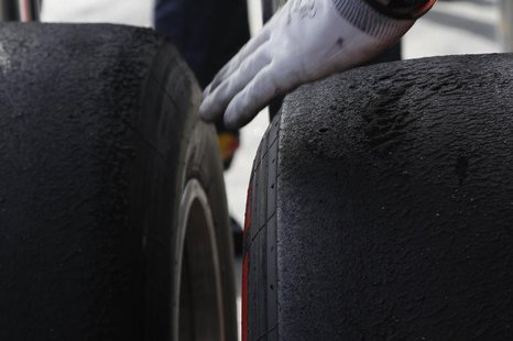A pair of Pirelli's new P Zero Red supersoft tyres are seen after the second practice session of the Australian F1 Grand Prix at the Albert A pair of Pirelli's new P Zero Red supersoft tyres are seen after the second practice session of the Australian F1 Grand Prix at the Albert
