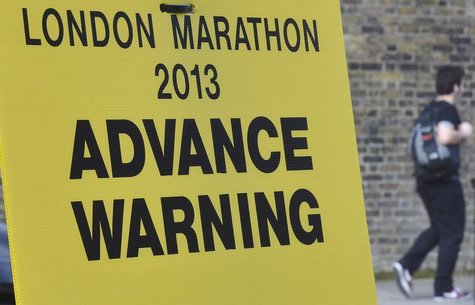 A road closure sign is seen placed along The Mall, the location for the London Marathon finish line, in central London April 16, 2013. REUTE A road closure sign is seen placed along The Mall, the location for the London Marathon finish line, in central London April 16, 2013. REUTE