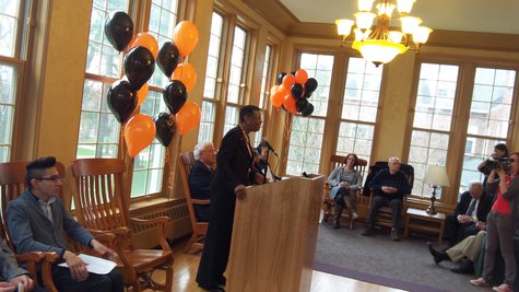 Kalamazoo College President Eileen Wilson-Oyelaran addresses the gathering in the sun room at Trowbridge Hall Kalamazoo College President Eileen Wilson-Oyelaran addresses the gathering in the sun room at Trowbridge Hall