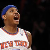 New York Knicks forward Carmelo Anthony reacts after hitting a three-point shot against the Boston Celtics in the first quarter of Game 1 of New York Knicks forward Carmelo Anthony reacts after hitting a three-point shot against the Boston Celtics in the first quarter of Game 1 of