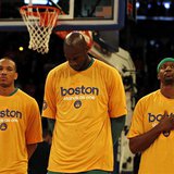 Boston Celtics center Kevin Garnett (C) stands with his teammates during the national anthem wearing "Boston stand as one" t-shirts before t Boston Celtics center Kevin Garnett (C) stands with his teammates during the national anthem wearing "Boston stand as one" t-shirts before t