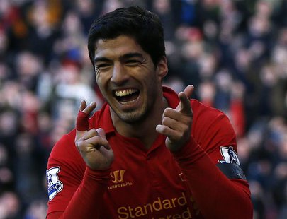 Liverpool's Luis Suarez celebrates his goal against Chelsea during their English Premier League soccer match at Anfield in Liverpool, northe Liverpool's Luis Suarez celebrates his goal against Chelsea during their English Premier League soccer match at Anfield in Liverpool, northe