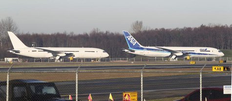A 787 Dreamliner jet painted in All Nippon Airways (ANA) of Japan livery (R), sits idle with other 787s on the tarmac parking at Paine Field A 787 Dreamliner jet painted in All Nippon Airways (ANA) of Japan livery (R), sits idle with other 787s on the tarmac parking at Paine Field