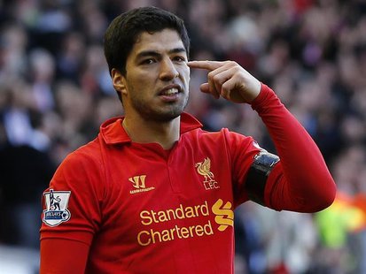 Liverpool's Luis Suarez celebrates his goal against Chelsea during their English Premier League soccer match at Anfield in Liverpool, northe Liverpool's Luis Suarez celebrates his goal against Chelsea during their English Premier League soccer match at Anfield in Liverpool, northe