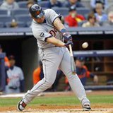 Detroit Tigers' Miguel Cabrera hits a two run home run against the New York Yankees in the first inning of Game 2 of their MLB American League Division Series baseball playoffs at Yankee Stadium in New York, October 2, 2011. REUTERS/Mike Segar