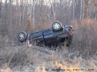 Sheriff's officials say they were called to a ditch along County W, just west of Crivitz, around 5:40 a.m. Saturday. A vehicle was found rolled over, but no people were in the area. (courtesy of Marinette County Sheriff's Dept.) Sheriff's officials say they were called to a ditch along County W, just west of Crivitz, around 5:40 a.m. Saturday. A vehicle was found rolled over, but no people were in the area. (courtesy of Marinette County Sheriff's Dept.)