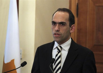 Newly-appointed Cyprus Finance Minister Harris Georgiades speaks during a ceremony at the Presidential Palace in Nicosia, Cyprus April 3, 20 Newly-appointed Cyprus Finance Minister Harris Georgiades speaks during a ceremony at the Presidential Palace in Nicosia, Cyprus April 3, 20