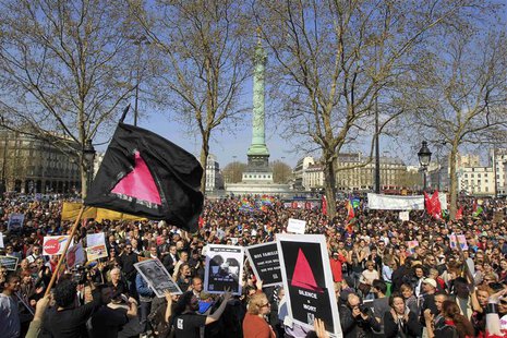 People gather at the Place de la Bastille from groups including Act-Up (AIDS Coalition to Unleash Power) to protest against homophobic attac People gather at the Place de la Bastille from groups including Act-Up (AIDS Coalition to Unleash Power) to protest against homophobic attac