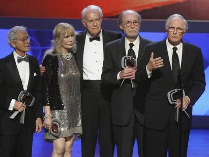 Cast members of "M*A*S*H*" (L-R) Allan Arbus, Loretta Swit, Mike Farrell, Burt Metcalfe and Alan Alda accept the Impact award at the taping Cast members of "M*A*S*H*" (L-R) Allan Arbus, Loretta Swit, Mike Farrell, Burt Metcalfe and Alan Alda accept the Impact award at the taping