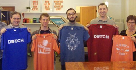Joey Carty (second from left) displays his winning design, flanked to his left by runners-up Tony Putt and Dan Flemming, at the conclusion of the first Tulip Time Festival T-Shirt Design Contest on Apr. 22, 2013. Joey Carty (second from left) displays his winning design, flanked to his left by runners-up Tony Putt and Dan Flemming, at the conclusion of the first Tulip Time Festival T-Shirt Design Contest on Apr. 22, 2013.