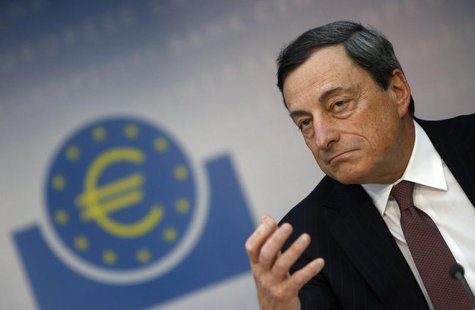 European Central Bank (ECB) President Mario Draghi gestures during the monthly ECB news conference in Frankfurt April 4, 2013. REUTERS/Lisi European Central Bank (ECB) President Mario Draghi gestures during the monthly ECB news conference in Frankfurt April 4, 2013. REUTERS/Lisi