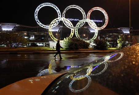The Olympic rings are seen in front of the airport of Sochi, the host city for the Sochi 2014 Winter Olympics April 22, 2013. REUTERS/Alexan The Olympic rings are seen in front of the airport of Sochi, the host city for the Sochi 2014 Winter Olympics April 22, 2013. REUTERS/Alexan