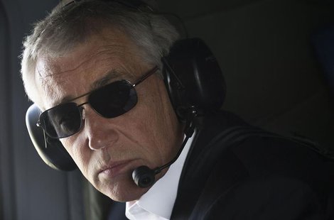 U.S. Defense Secretary Chuck Hagel looks out of the window during a helicopter tour of the Israeli-annexed Golan Heights April 22, 2013. REU U.S. Defense Secretary Chuck Hagel looks out of the window during a helicopter tour of the Israeli-annexed Golan Heights April 22, 2013. REU
