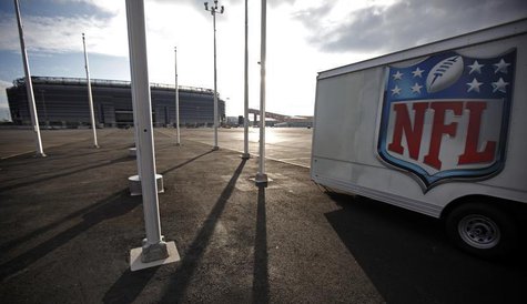 The NFL logo is seen on a trailer parked near the New Meadowlands Stadium where the New York Jets and New York Giants NFL football teams pla The NFL logo is seen on a trailer parked near the New Meadowlands Stadium where the New York Jets and New York Giants NFL football teams pla