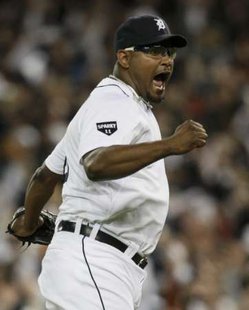 Detroit Tigers closer Jose Valverde, who earned his first save of the season in Detroit's 7-5 win over Kansas City on Wednesday, April 24, 2013. Detroit Tigers closer Jose Valverde, who earned his first save of the season in Detroit's 7-5 win over Kansas City on Wednesday, April 24, 2013.