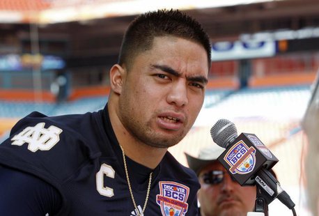 Notre Dame Fighting Irish linebacker Manti Te'o speaks during media day for the 2013 BCS National Championship NCAA football game in Miami, Notre Dame Fighting Irish linebacker Manti Te'o speaks during media day for the 2013 BCS National Championship NCAA football game in Miami,