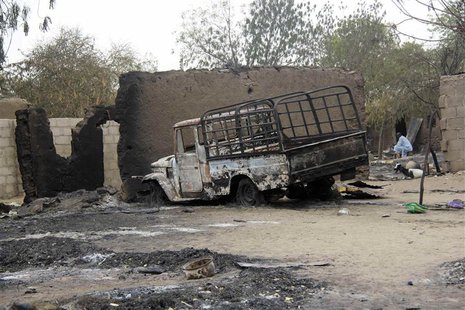A vehicle used by Islamist militants is pictured damaged after what Nigerian authorities said was heavy fighting between security forces and A vehicle used by Islamist militants is pictured damaged after what Nigerian authorities said was heavy fighting between security forces and