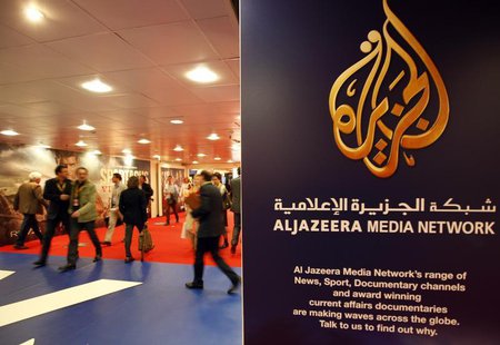 The logo of Al Jazeera Media Network is seen at the MIPTV, the International Television Programs Market, event in Cannes April 2, 2012. REUT The logo of Al Jazeera Media Network is seen at the MIPTV, the International Television Programs Market, event in Cannes April 2, 2012. REUT