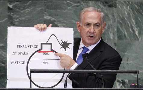 Israel's Prime Minister Benjamin Netanyahu points to a red line he has drawn on the graphic of a bomb as he addresses the 67th United Nation Israel's Prime Minister Benjamin Netanyahu points to a red line he has drawn on the graphic of a bomb as he addresses the 67th United Nation