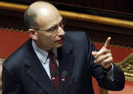 Italian Prime Minister Enrico Letta gestures at the Upper house of the parliament in Rome, April 30, 2013. REUTERS/Giampiero Sposito Italian Prime Minister Enrico Letta gestures at the Upper house of the parliament in Rome, April 30, 2013. REUTERS/Giampiero Sposito