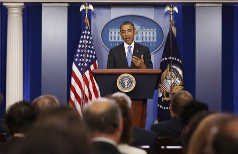 U.S. President Barack Obama talks to the media in the Brady Press Briefing Room at the White House in Washington, April 30, 2013. REUTERS/La U.S. President Barack Obama talks to the media in the Brady Press Briefing Room at the White House in Washington, April 30, 2013. REUTERS/La