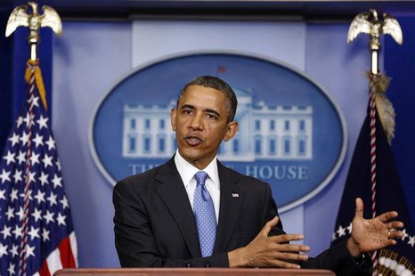 U.S. President Barack Obama gestures while speaking in the Brady Press Briefing Room at the White House in Washington, April 30, 2013. REUTE U.S. President Barack Obama gestures while speaking in the Brady Press Briefing Room at the White House in Washington, April 30, 2013. REUTE