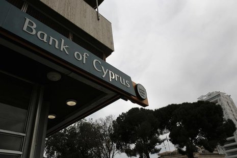 The logo of the Bank of Cyprus is seen outside one of its branches at Eleftheria square in Nicosia March 30, 2013. REUTERS/Yorgos Karahalis The logo of the Bank of Cyprus is seen outside one of its branches at Eleftheria square in Nicosia March 30, 2013. REUTERS/Yorgos Karahalis