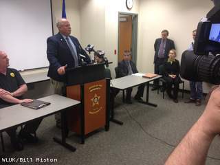 Authorities release some new information in the Waschbisch homicide case at a press conference April 30, 2013. Marinette County Sheriff Jerry Sauve, standing, addresses members of the media. (courtesy of FOX 11). Authorities release some new information in the Waschbisch homicide case at a press conference April 30, 2013. Marinette County Sheriff Jerry Sauve, standing, addresses members of the media. (courtesy of FOX 11).