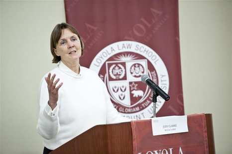 Defense attorney Judy Clarke speaks at the Fidler Institute on Criminal Justice at Loyalo Law School in Los Angeles, California in this hand Defense attorney Judy Clarke speaks at the Fidler Institute on Criminal Justice at Loyalo Law School in Los Angeles, California in this hand