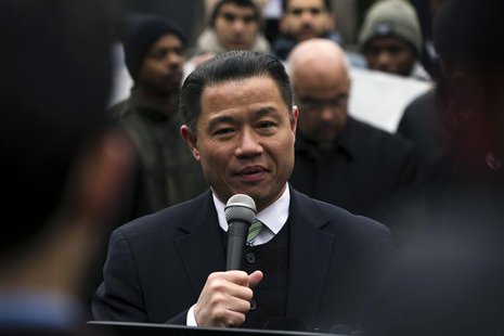 New York City Comptroller and mayoral candidate John Liu speaks in support of a demonstration against the New York Police Department's "stop New York City Comptroller and mayoral candidate John Liu speaks in support of a demonstration against the New York Police Department's "stop