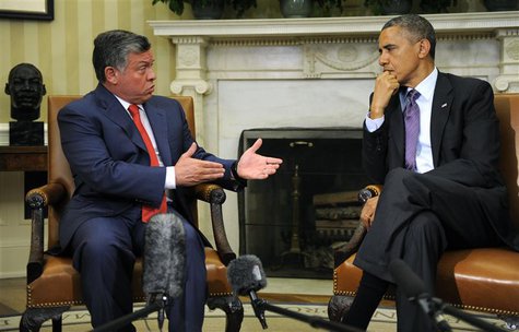 U.S. President Barack Obama (R) listens to remarks by Jordan's King Abdullah prior to a bilateral meeting in the Oval Office of the White Ho U.S. President Barack Obama (R) listens to remarks by Jordan's King Abdullah prior to a bilateral meeting in the Oval Office of the White Ho
