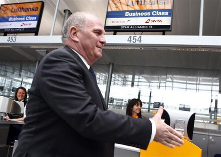 Bayern Munich's President Uli Hoeness arrives at Munich's international airport before the team's flight to Barcelona on April 30, 2013. REU Bayern Munich's President Uli Hoeness arrives at Munich's international airport before the team's flight to Barcelona on April 30, 2013. REU
