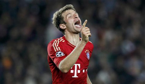 Bayern Munich's Thomas Mueller celebrates after scoring a goal against Barcelona during their Champions League semi-final second leg soccer Bayern Munich's Thomas Mueller celebrates after scoring a goal against Barcelona during their Champions League semi-final second leg soccer