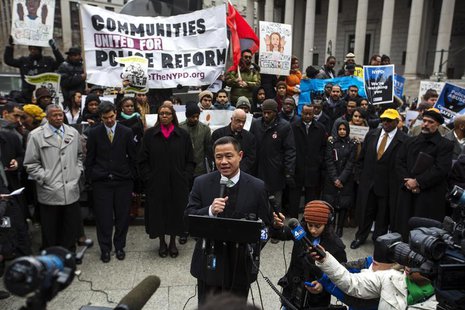 New York City Comptroller and mayoral candidate John Liu speaks in support of a demonstration against the New York Police Department's "stop New York City Comptroller and mayoral candidate John Liu speaks in support of a demonstration against the New York Police Department's "stop