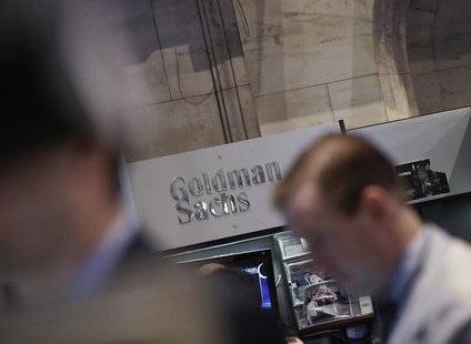 A Goldman Sachs sign is seen over the company's trading stall on the floor at the New York Stock Exchange, March 21, 2013. REUTERS/Brendan M A Goldman Sachs sign is seen over the company's trading stall on the floor at the New York Stock Exchange, March 21, 2013. REUTERS/Brendan M
